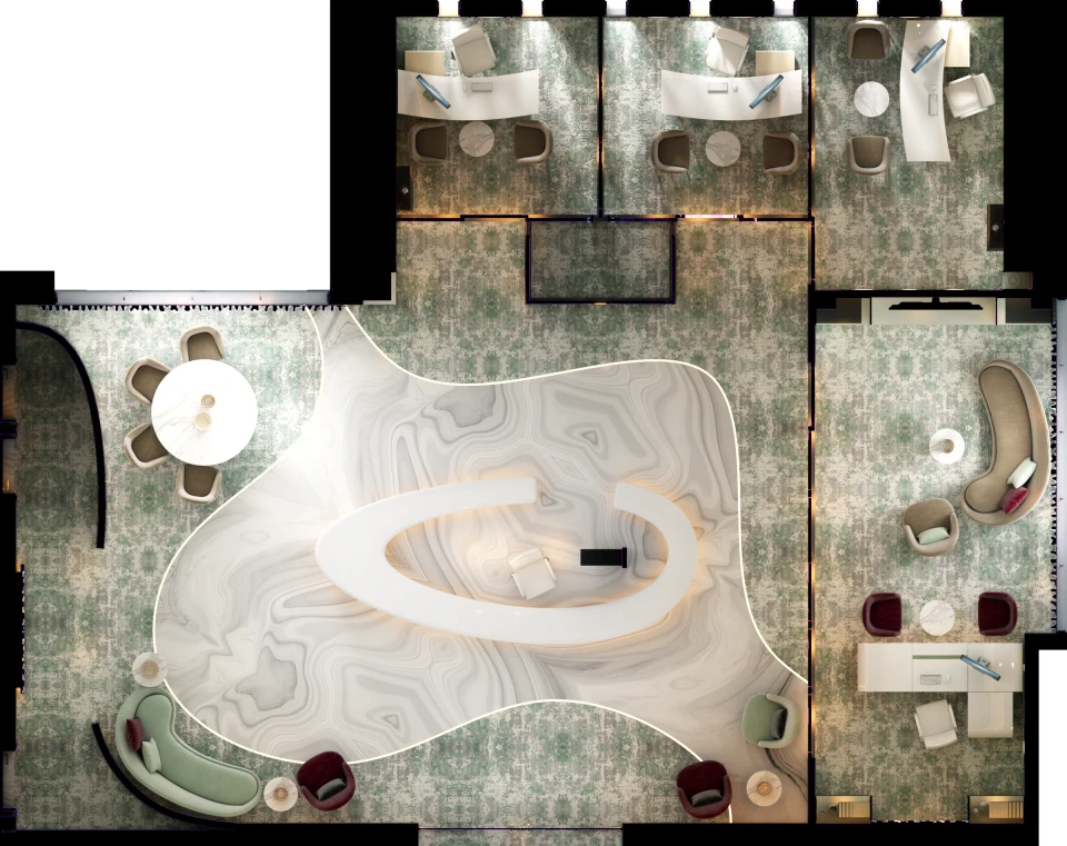 Rendered top-down plan of the Diet Market Office