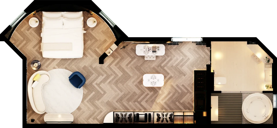 Top-down 3D rendered plan of the complete suite