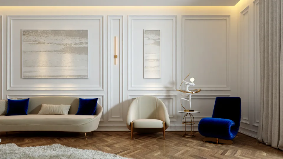 Proposal 2 for the living room with a blue accent chair against panelled walls