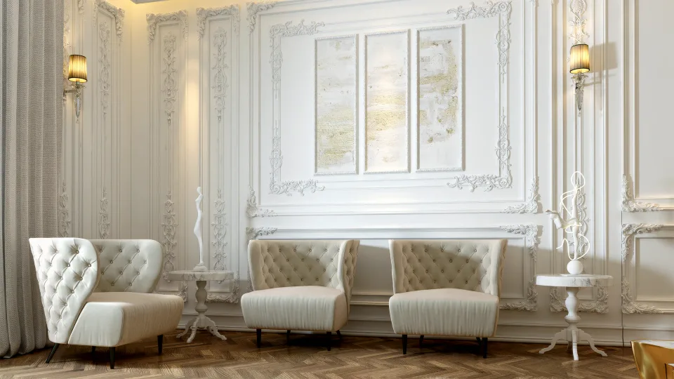 Approved Proposal 3 for the living room with paired tufted armchairs