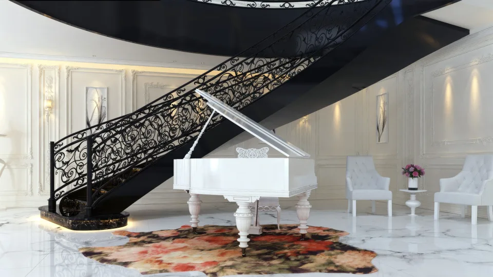 Interior visualization of the piano beneath the black staircase