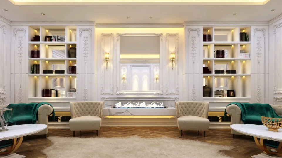 Interior visualization of the symmetrical lounge fireplace and shelving