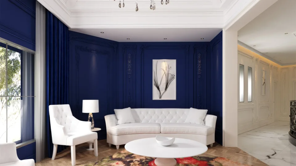 Interior visualization of the navy-blue sitting room