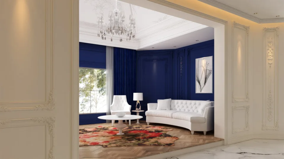 Wide interior visualization looking into the navy-blue sitting room
