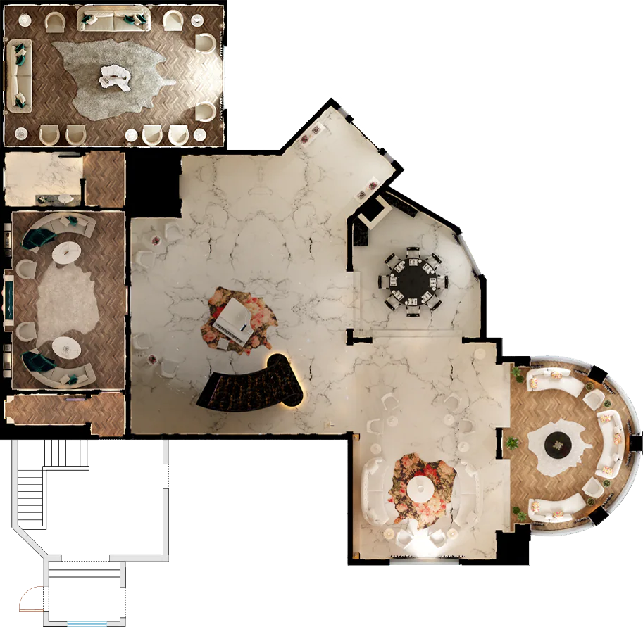 Rendered top-down plan of the villa ground floor