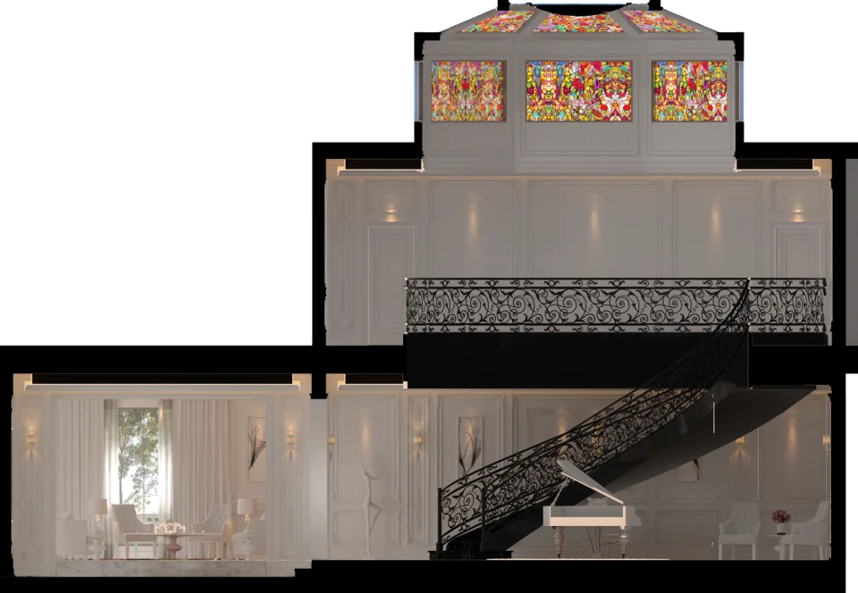 Rendered section through the staircase and stained-glass dome